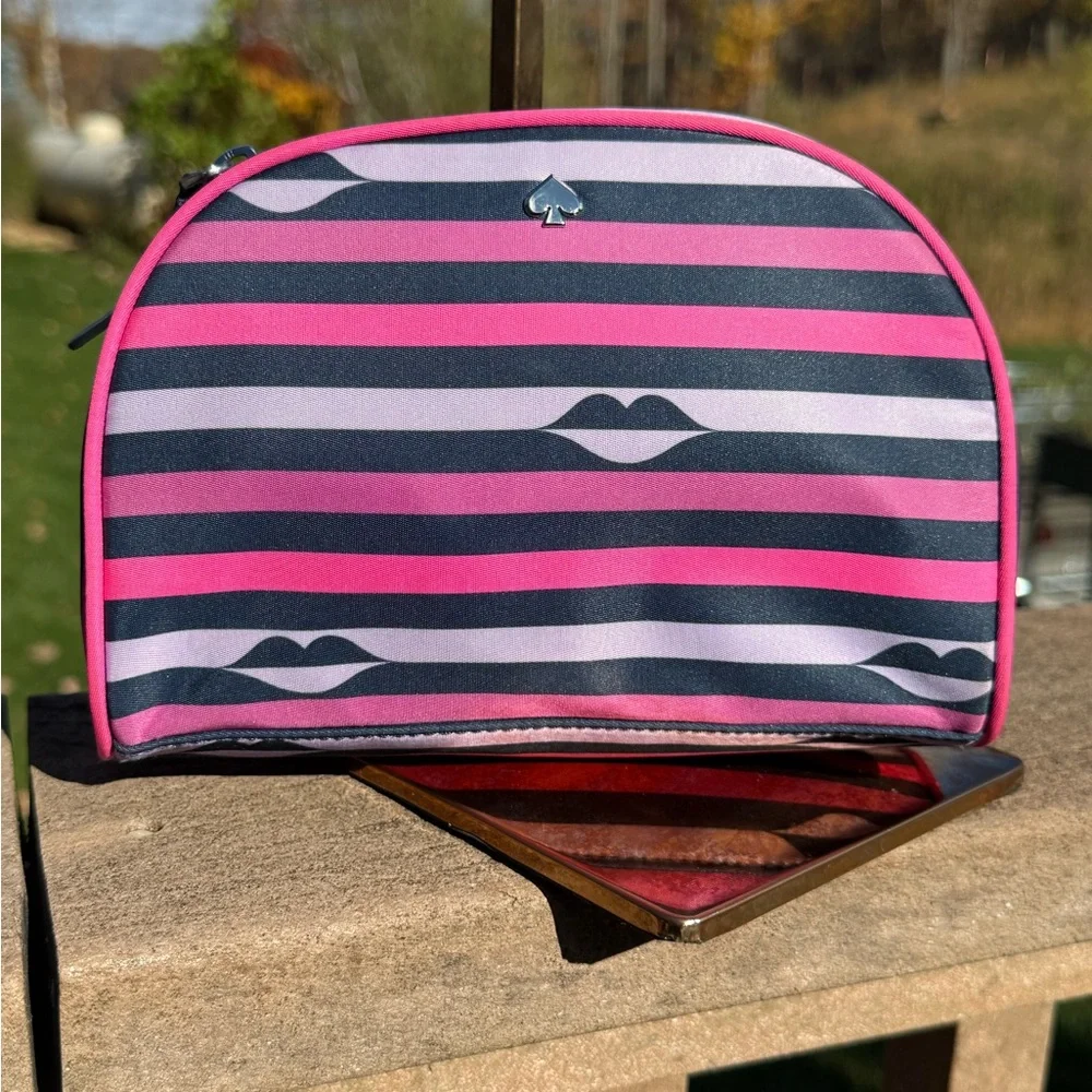 Kate Spade Limited Edition Nylon Striped Lips Cosmetic Bag Clutch Travel NWOT